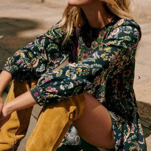 Sezane Andrea Dress, Green/Navy Arabesque Flowers, Size 34 (2 US), NWOT